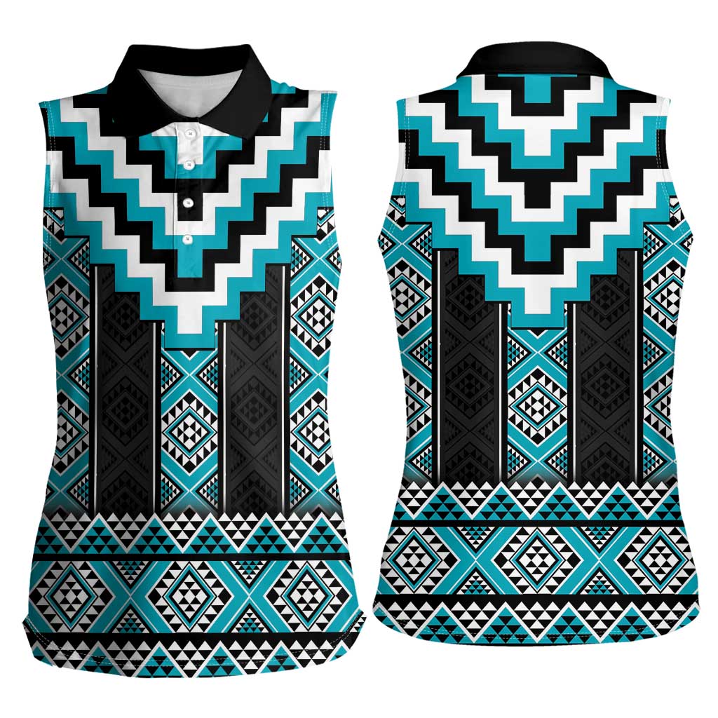 Turquoise Taniko Pattern Aotearoa Women Sleeveless Polo Shirt Niho Taniwha Mix Poutama LT14 - Polynesian Pride