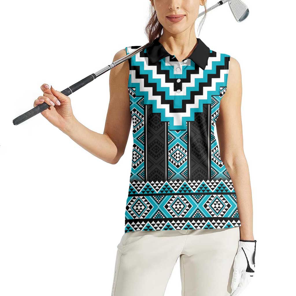 Turquoise Taniko Pattern Aotearoa Women Sleeveless Polo Shirt Niho Taniwha Mix Poutama LT14 - Polynesian Pride