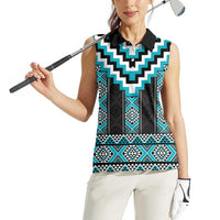 Turquoise Taniko Pattern Aotearoa Women Sleeveless Polo Shirt Niho Taniwha Mix Poutama LT14 - Polynesian Pride