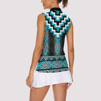 Turquoise Taniko Pattern Aotearoa Women Sleeveless Polo Shirt Niho Taniwha Mix Poutama LT14 - Polynesian Pride