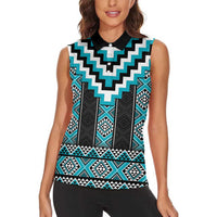 Turquoise Taniko Pattern Aotearoa Women Sleeveless Polo Shirt Niho Taniwha Mix Poutama LT14 - Polynesian Pride