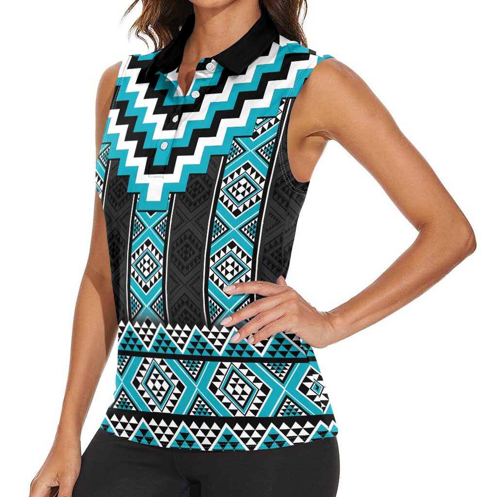 Turquoise Taniko Pattern Aotearoa Women Sleeveless Polo Shirt Niho Taniwha Mix Poutama LT14 - Polynesian Pride