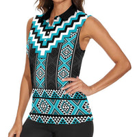 Turquoise Taniko Pattern Aotearoa Women Sleeveless Polo Shirt Niho Taniwha Mix Poutama LT14 - Polynesian Pride