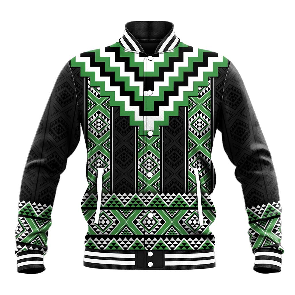 Green Taniko Pattern Aotearoa Baseball Jacket Niho Taniwha Mix Poutama LT14 Unisex Green - Polynesian Pride