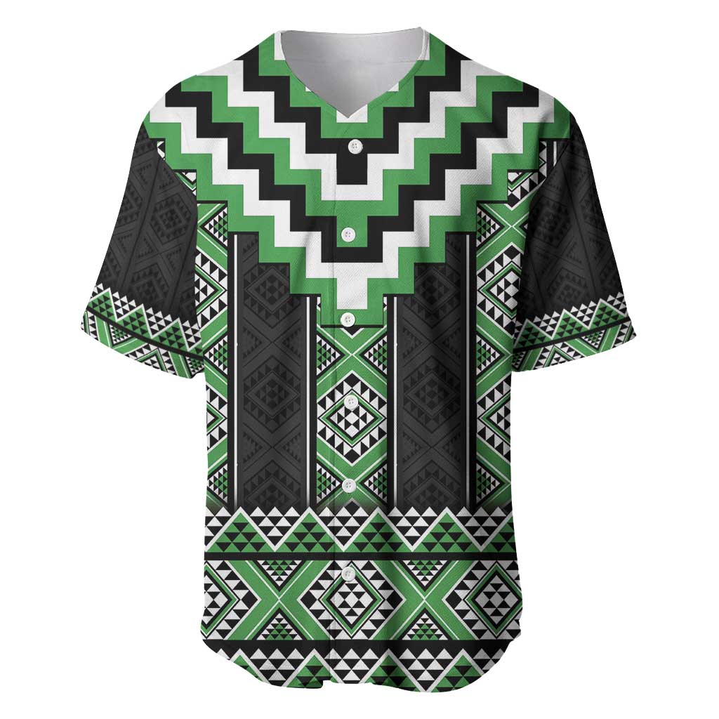 Green Taniko Pattern Aotearoa Baseball Jersey Niho Taniwha Mix Poutama LT14 Green - Polynesian Pride