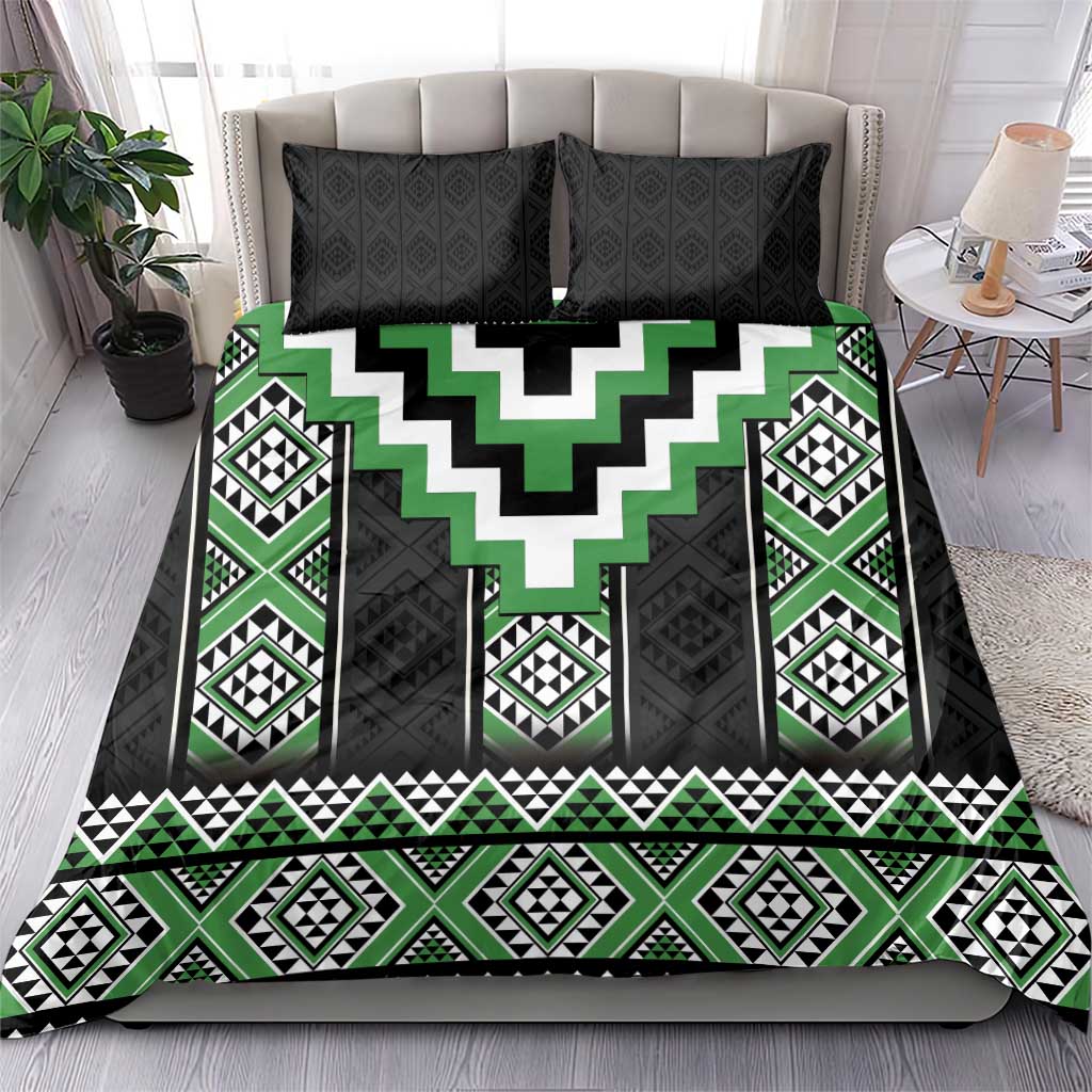 Green Taniko Pattern Aotearoa Bedding Set Niho Taniwha Mix Poutama