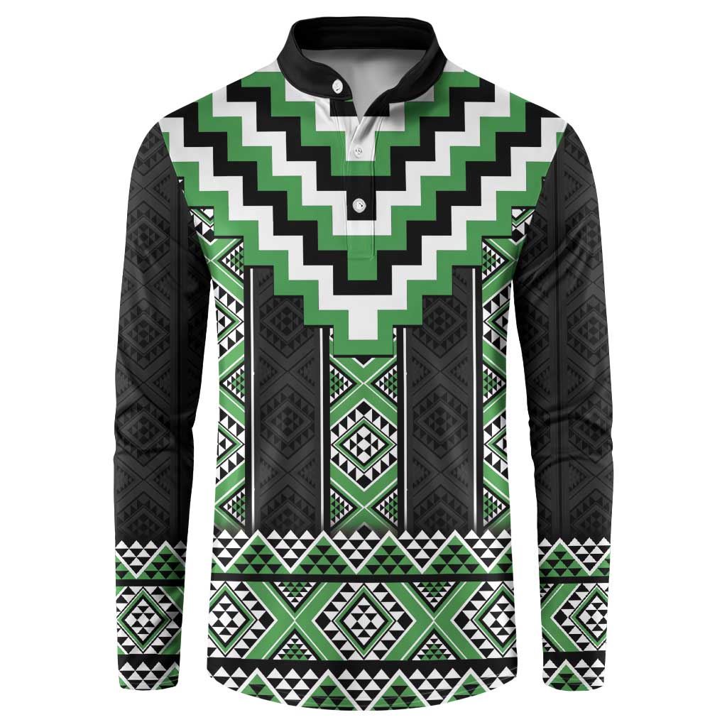 Green Taniko Pattern Aotearoa Button Sweatshirt Niho Taniwha Mix Poutama LT14 Green - Polynesian Pride