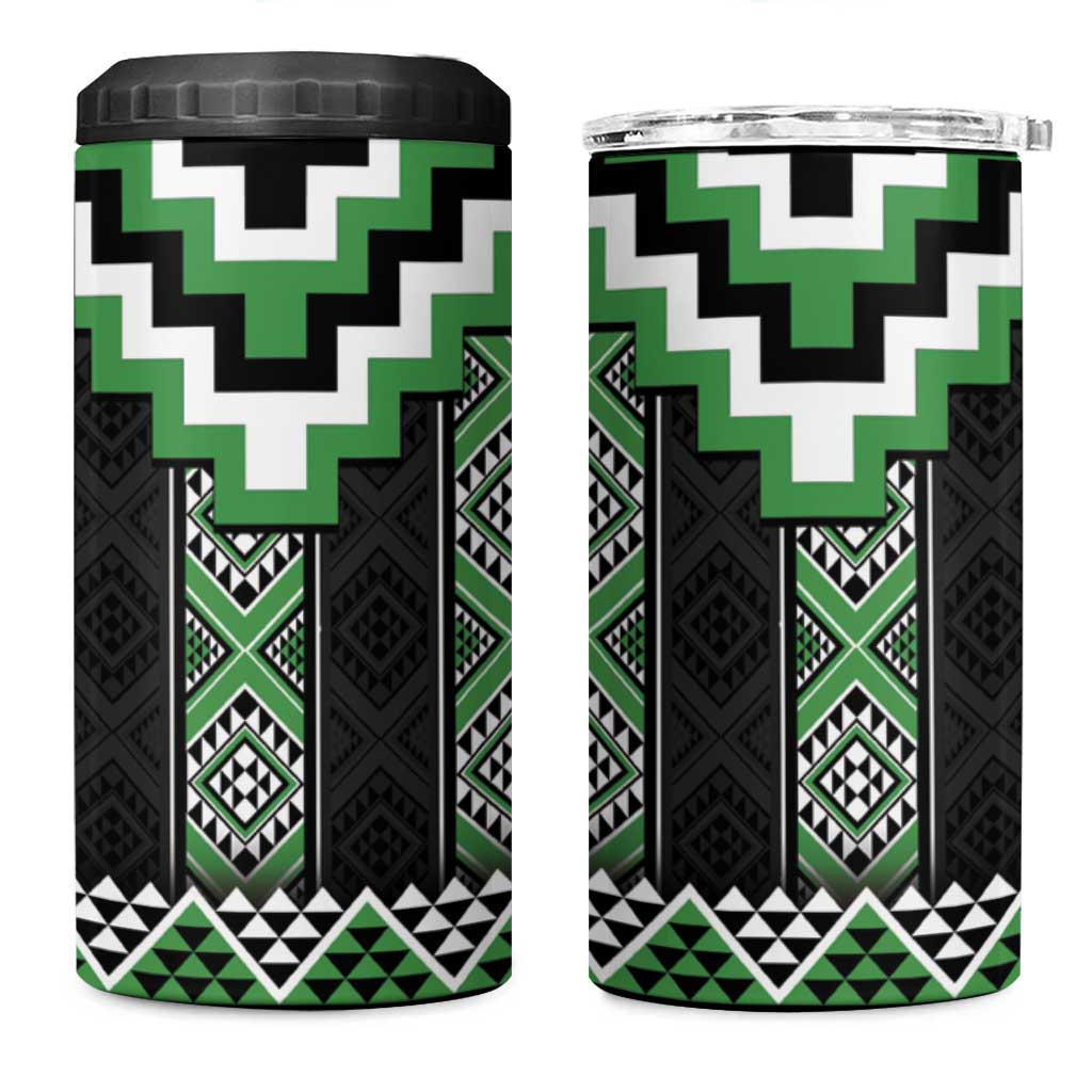 Green Taniko Pattern Aotearoa 4 in 1 Can Cooler Tumbler Niho Taniwha Mix Poutama LT14