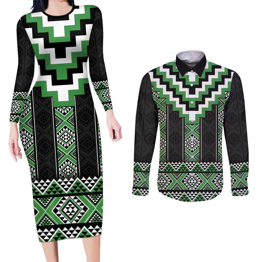 Green Taniko Pattern Aotearoa Couples Matching Long Sleeve Bodycon Dress and Long Sleeve Button Shirt Niho Taniwha Mix Poutama LT14