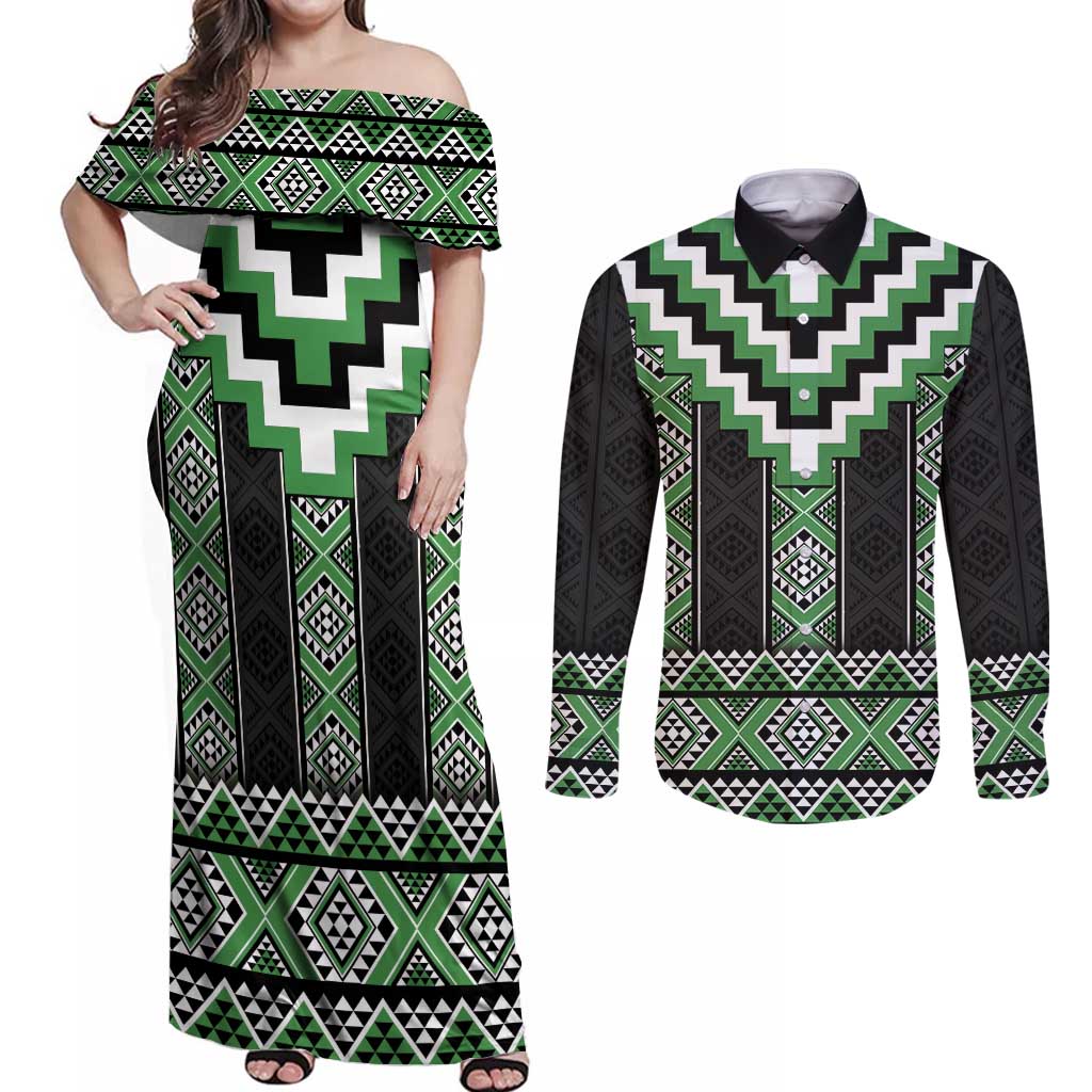 Green Taniko Pattern Aotearoa Couples Matching Off Shoulder Maxi Dress and Long Sleeve Button Shirt Niho Taniwha Mix Poutama LT14