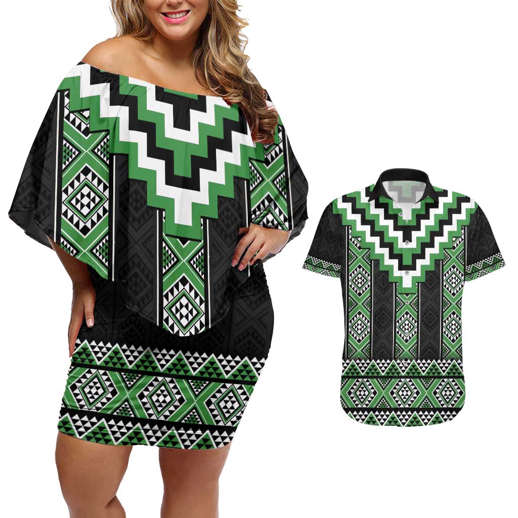 Green Taniko Pattern Aotearoa Couples Matching Off Shoulder Short Dress and Hawaiian Shirt Niho Taniwha Mix Poutama LT14