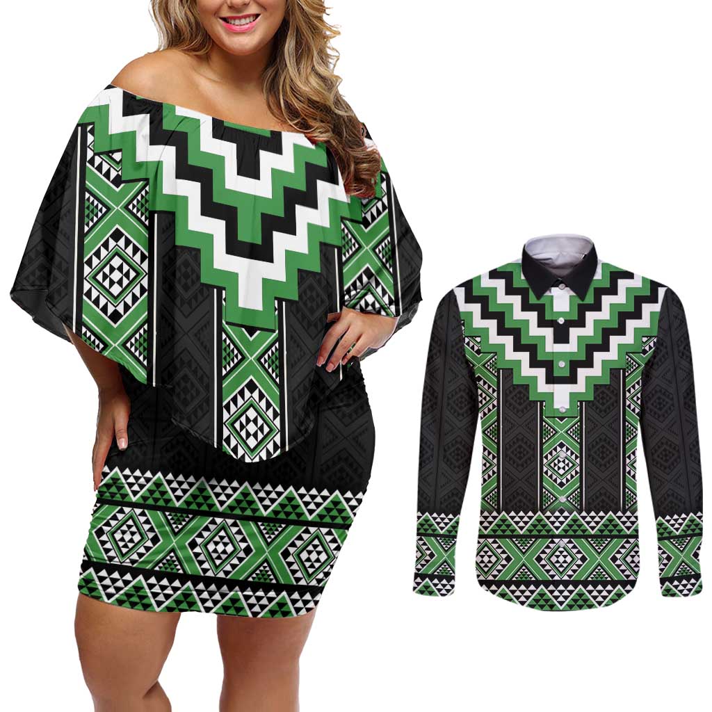 Green Taniko Pattern Aotearoa Couples Matching Off Shoulder Short Dress and Long Sleeve Button Shirt Niho Taniwha Mix Poutama LT14