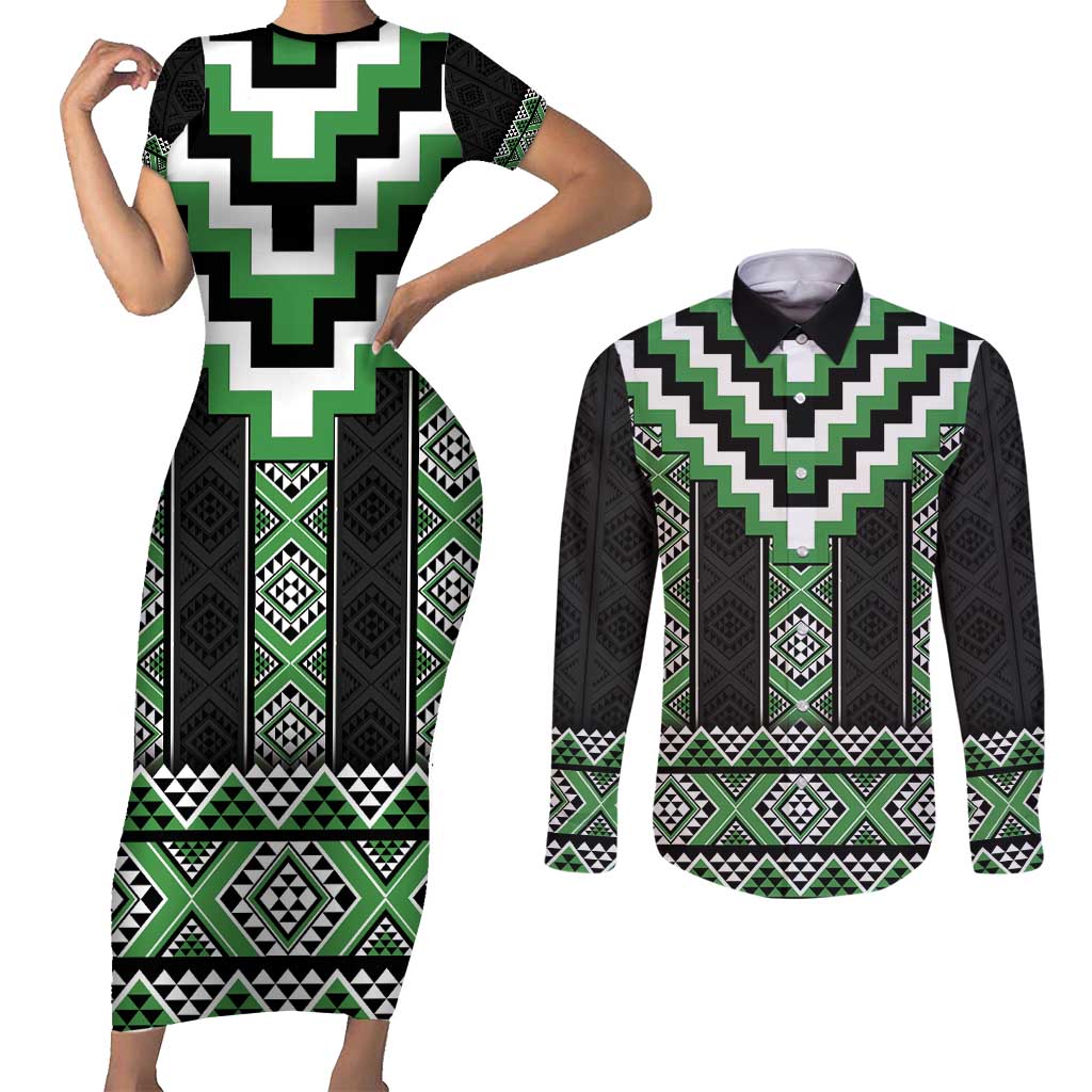 Green Taniko Pattern Aotearoa Couples Matching Short Sleeve Bodycon Dress and Long Sleeve Button Shirt Niho Taniwha Mix Poutama LT14