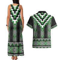 Green Taniko Pattern Aotearoa Couples Matching Tank Maxi Dress and Hawaiian Shirt Niho Taniwha Mix Poutama LT14