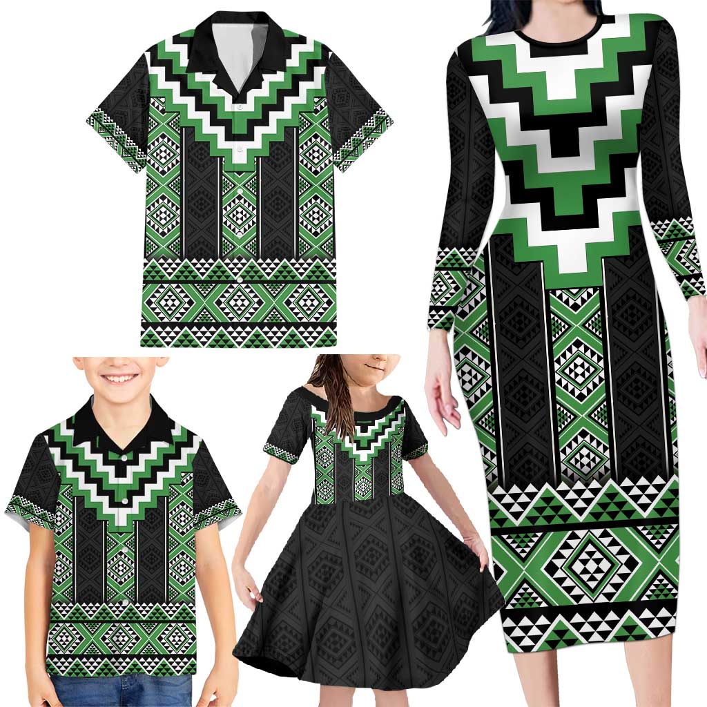 Green Taniko Pattern Aotearoa Family Matching Long Sleeve Bodycon Dress and Hawaiian Shirt Niho Taniwha Mix Poutama LT14 - Polynesian Pride