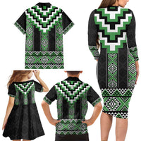 Green Taniko Pattern Aotearoa Family Matching Long Sleeve Bodycon Dress and Hawaiian Shirt Niho Taniwha Mix Poutama LT14 - Polynesian Pride