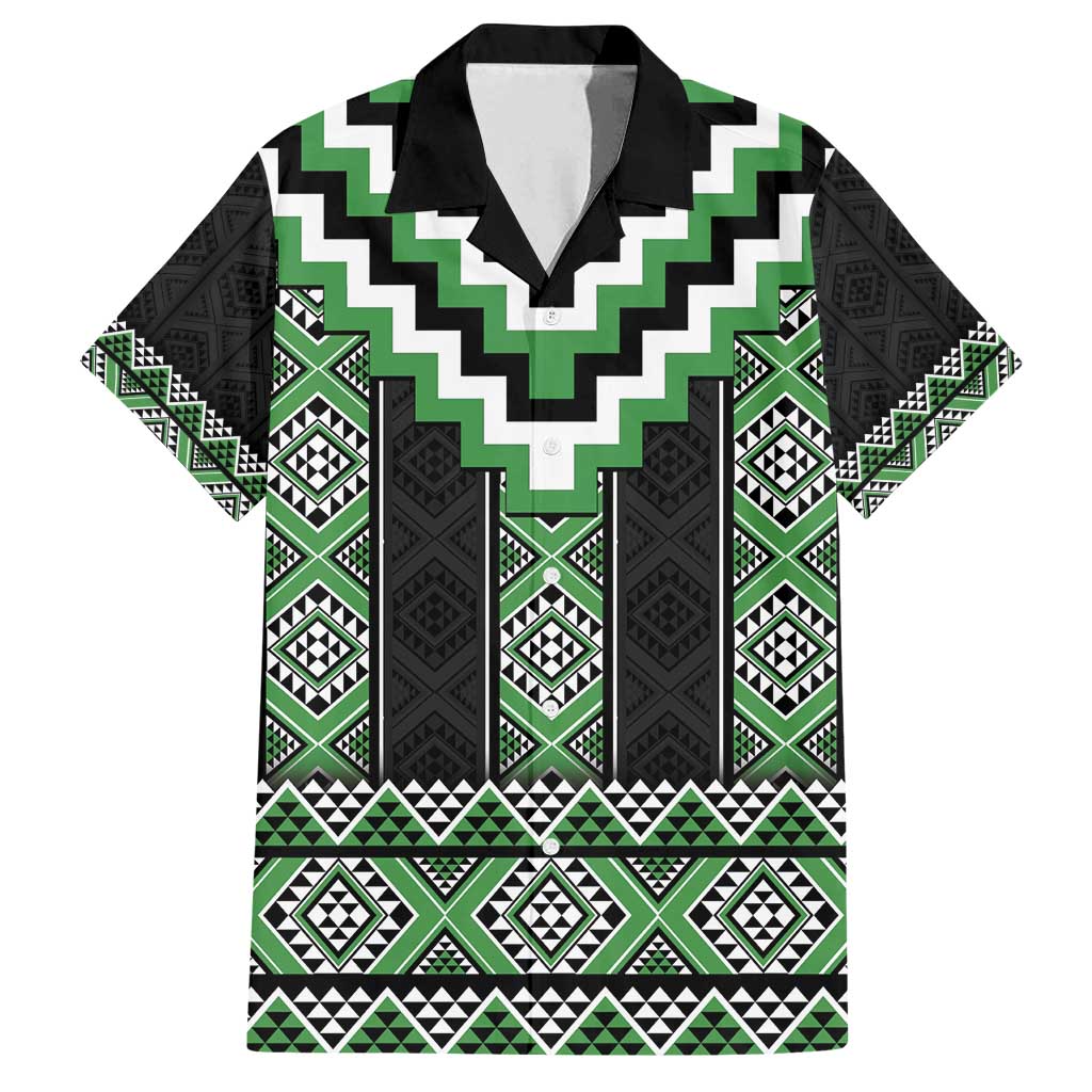 Green Taniko Pattern Aotearoa Family Matching Long Sleeve Bodycon Dress and Hawaiian Shirt Niho Taniwha Mix Poutama LT14 Dad's Shirt - Short Sleeve Green - Polynesian Pride