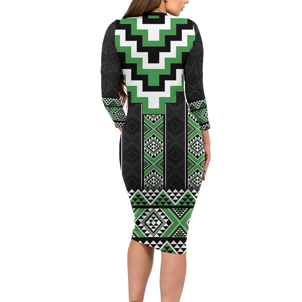 Green Taniko Pattern Aotearoa Family Matching Long Sleeve Bodycon Dress and Hawaiian Shirt Niho Taniwha Mix Poutama LT14 - Polynesian Pride