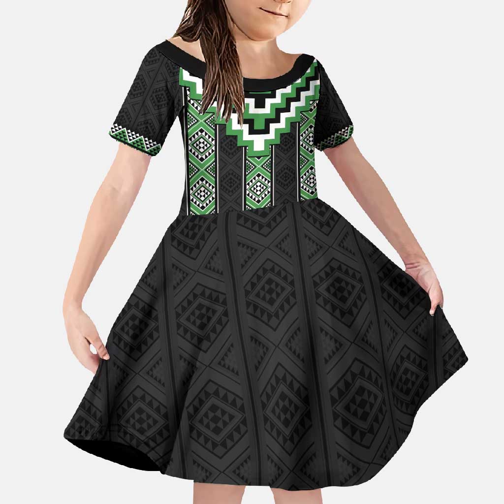 Green Taniko Pattern Aotearoa Family Matching Mermaid Dress and Hawaiian Shirt Niho Taniwha Mix Poutama LT14 Daughter's Dress Green - Polynesian Pride
