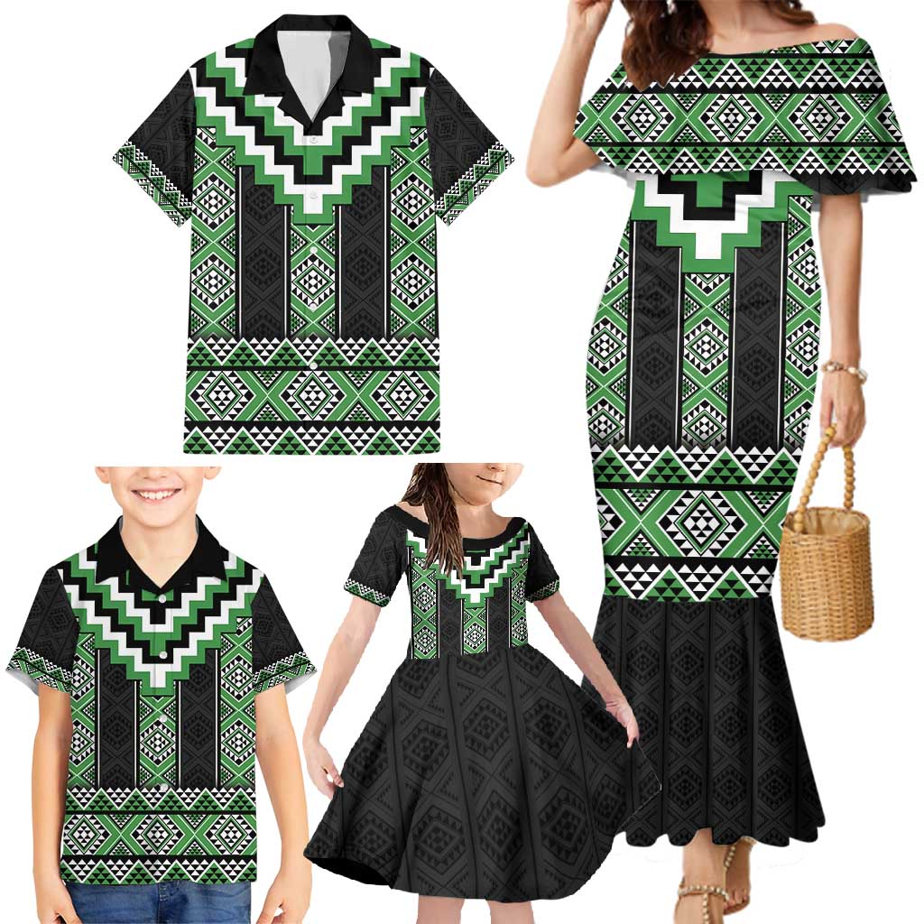 Green Taniko Pattern Aotearoa Family Matching Mermaid Dress and Hawaiian Shirt Niho Taniwha Mix Poutama LT14 - Polynesian Pride