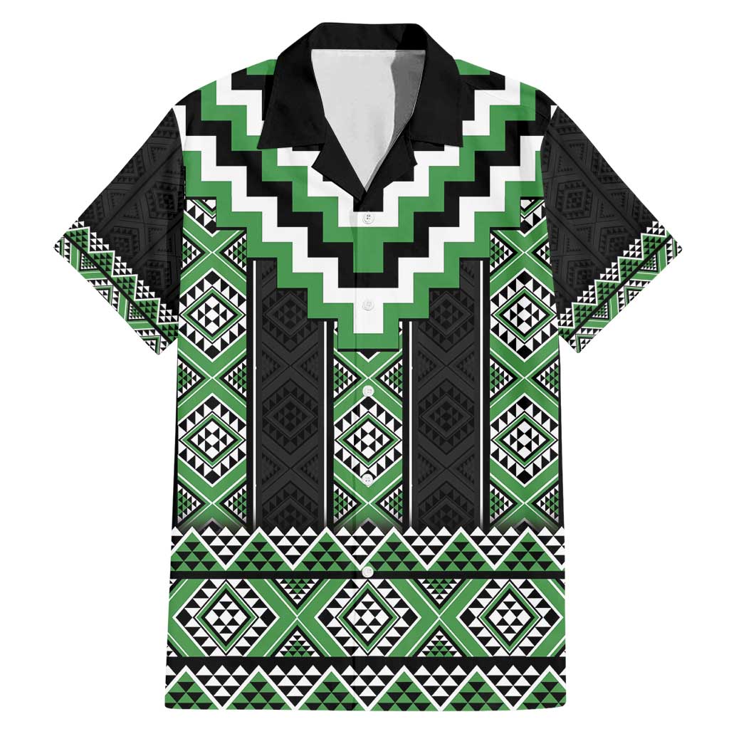 Green Taniko Pattern Aotearoa Family Matching Mermaid Dress and Hawaiian Shirt Niho Taniwha Mix Poutama LT14 Dad's Shirt - Short Sleeve Green - Polynesian Pride