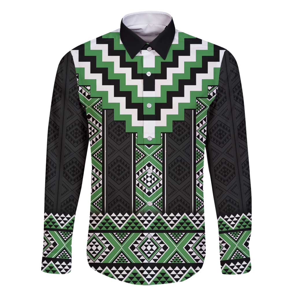 Green Taniko Pattern Aotearoa Family Matching Mermaid Dress and Hawaiian Shirt Niho Taniwha Mix Poutama LT14 Dad's Shirt - Long Sleeve Green - Polynesian Pride