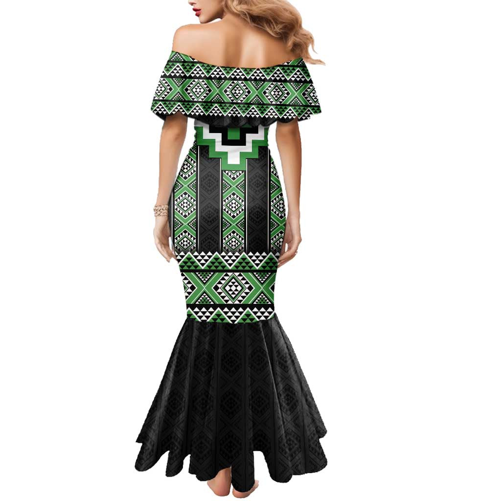 Green Taniko Pattern Aotearoa Family Matching Mermaid Dress and Hawaiian Shirt Niho Taniwha Mix Poutama LT14 - Polynesian Pride