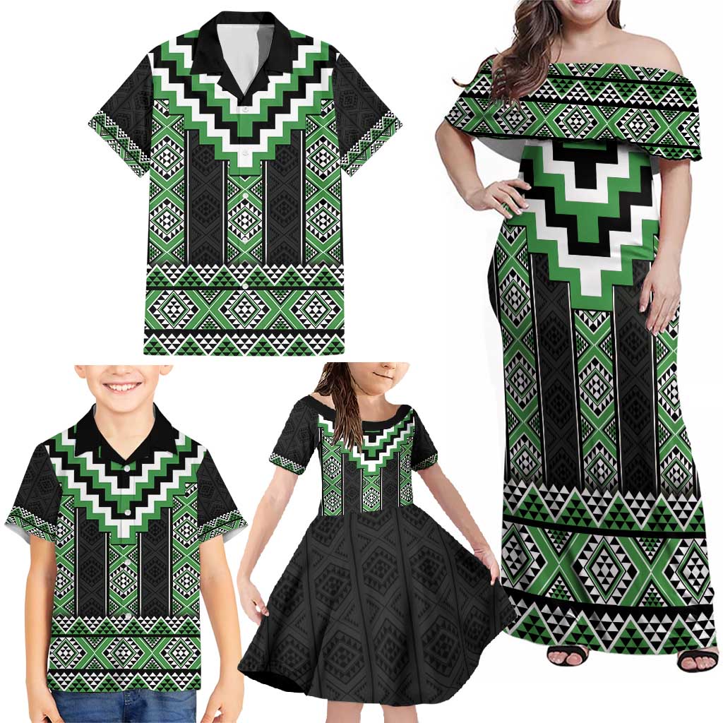 Green Taniko Pattern Aotearoa Family Matching Off Shoulder Maxi Dress and Hawaiian Shirt Niho Taniwha Mix Poutama LT14 - Polynesian Pride