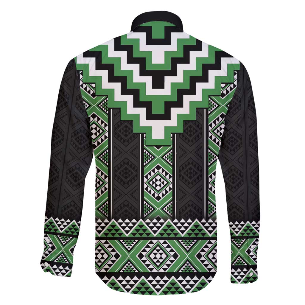 Green Taniko Pattern Aotearoa Family Matching Off Shoulder Maxi Dress and Hawaiian Shirt Niho Taniwha Mix Poutama LT14 - Polynesian Pride