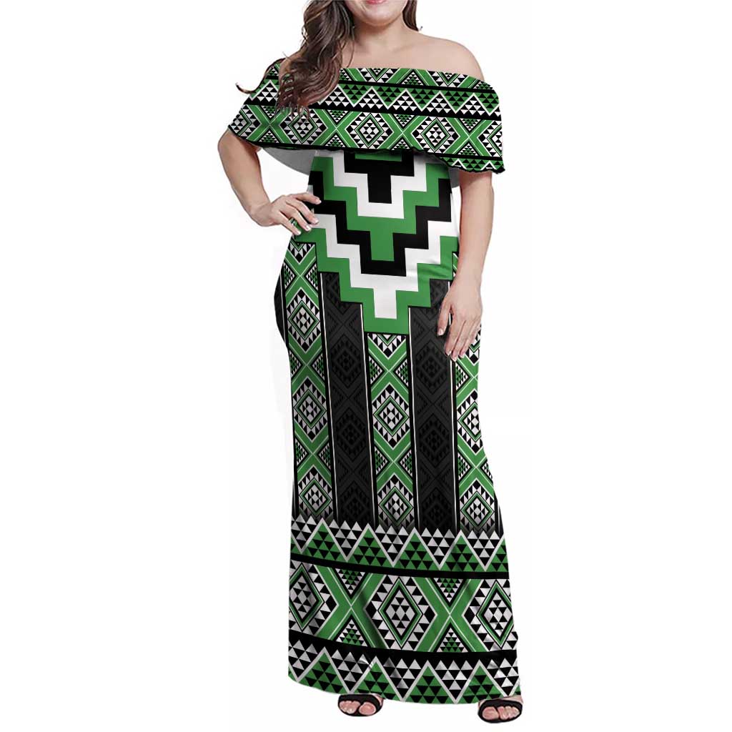 Green Taniko Pattern Aotearoa Family Matching Off Shoulder Maxi Dress and Hawaiian Shirt Niho Taniwha Mix Poutama LT14 Mom's Dress Green - Polynesian Pride