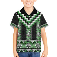 Green Taniko Pattern Aotearoa Family Matching Off Shoulder Maxi Dress and Hawaiian Shirt Niho Taniwha Mix Poutama LT14 Son's Shirt Green - Polynesian Pride
