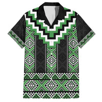 Green Taniko Pattern Aotearoa Family Matching Off Shoulder Short Dress and Hawaiian Shirt Niho Taniwha Mix Poutama LT14 Dad's Shirt - Short Sleeve Green - Polynesian Pride