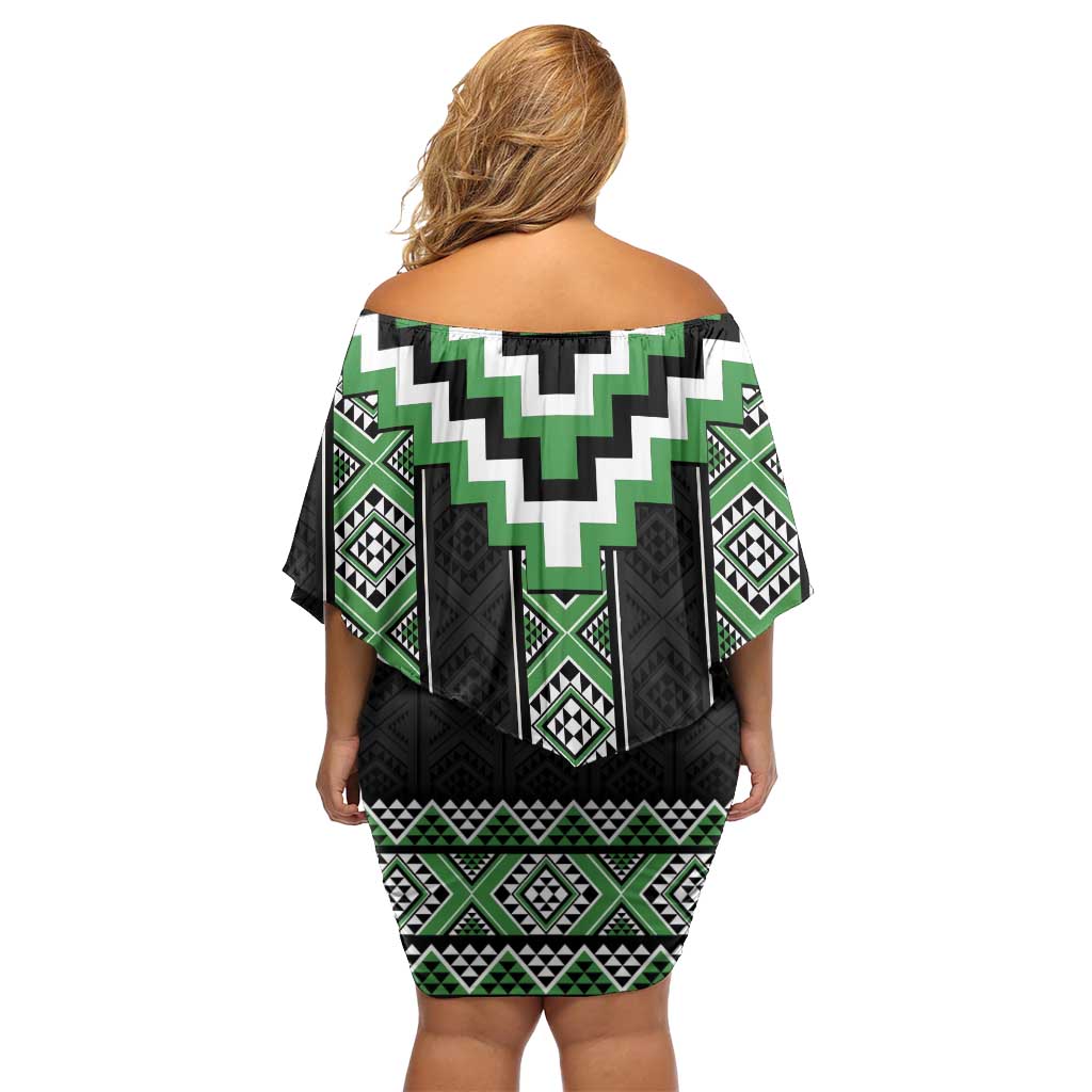 Green Taniko Pattern Aotearoa Family Matching Off Shoulder Short Dress and Hawaiian Shirt Niho Taniwha Mix Poutama LT14 - Polynesian Pride