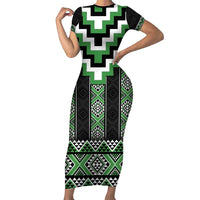 Green Taniko Pattern Aotearoa Family Matching Short Sleeve Bodycon Dress and Hawaiian Shirt Niho Taniwha Mix Poutama LT14 Mom's Dress Green - Polynesian Pride