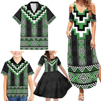 Green Taniko Pattern Aotearoa Family Matching Summer Maxi Dress and Hawaiian Shirt Niho Taniwha Mix Poutama LT14 - Polynesian Pride