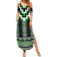 Green Taniko Pattern Aotearoa Family Matching Summer Maxi Dress and Hawaiian Shirt Niho Taniwha Mix Poutama LT14 Mom's Dress Green - Polynesian Pride