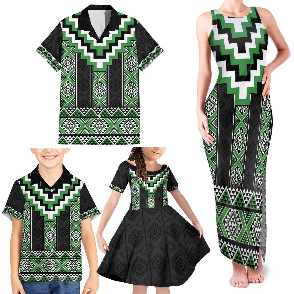 Green Taniko Pattern Aotearoa Family Matching Tank Maxi Dress and Hawaiian Shirt Niho Taniwha Mix Poutama LT14 - Polynesian Pride