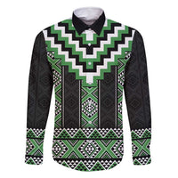 Green Taniko Pattern Aotearoa Family Matching Tank Maxi Dress and Hawaiian Shirt Niho Taniwha Mix Poutama LT14 Dad's Shirt - Long Sleeve Green - Polynesian Pride