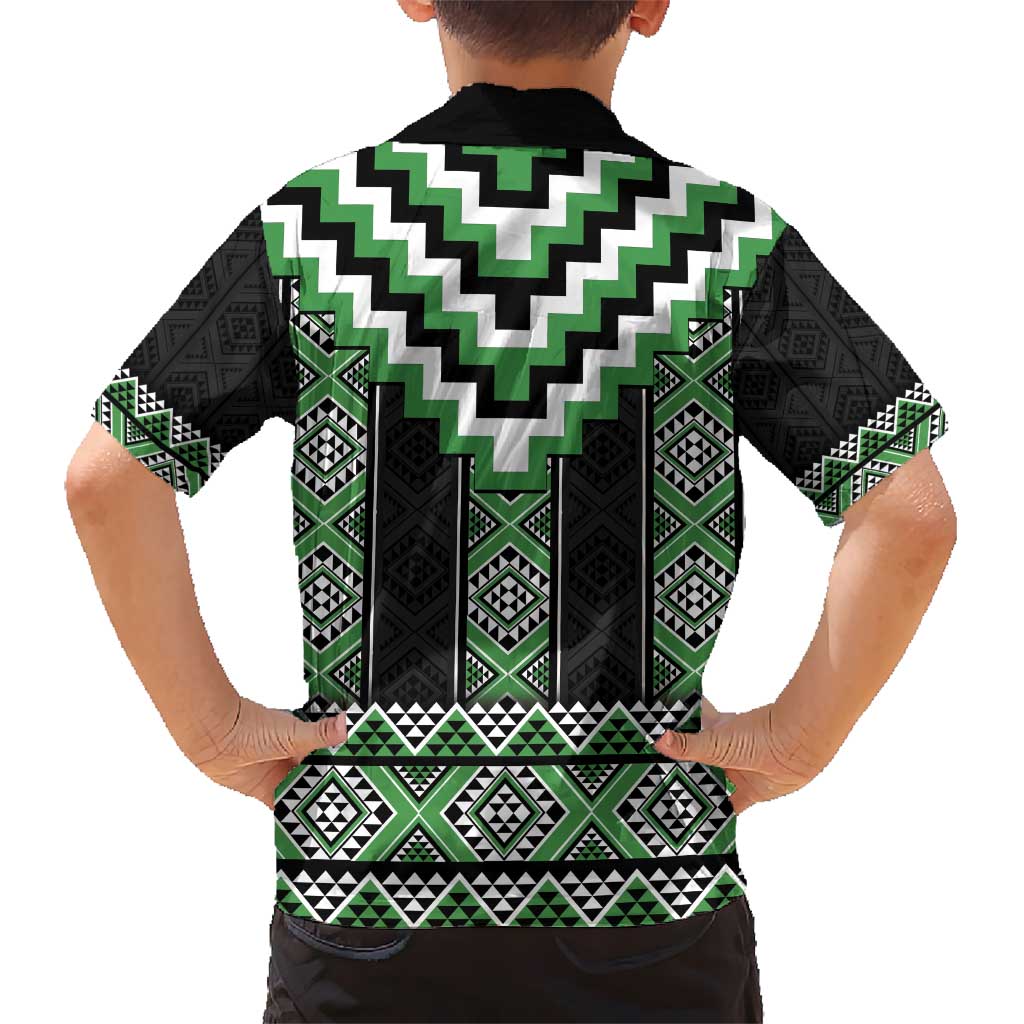 Green Taniko Pattern Aotearoa Kid Hawaiian Shirt Niho Taniwha Mix Poutama LT14 - Polynesian Pride