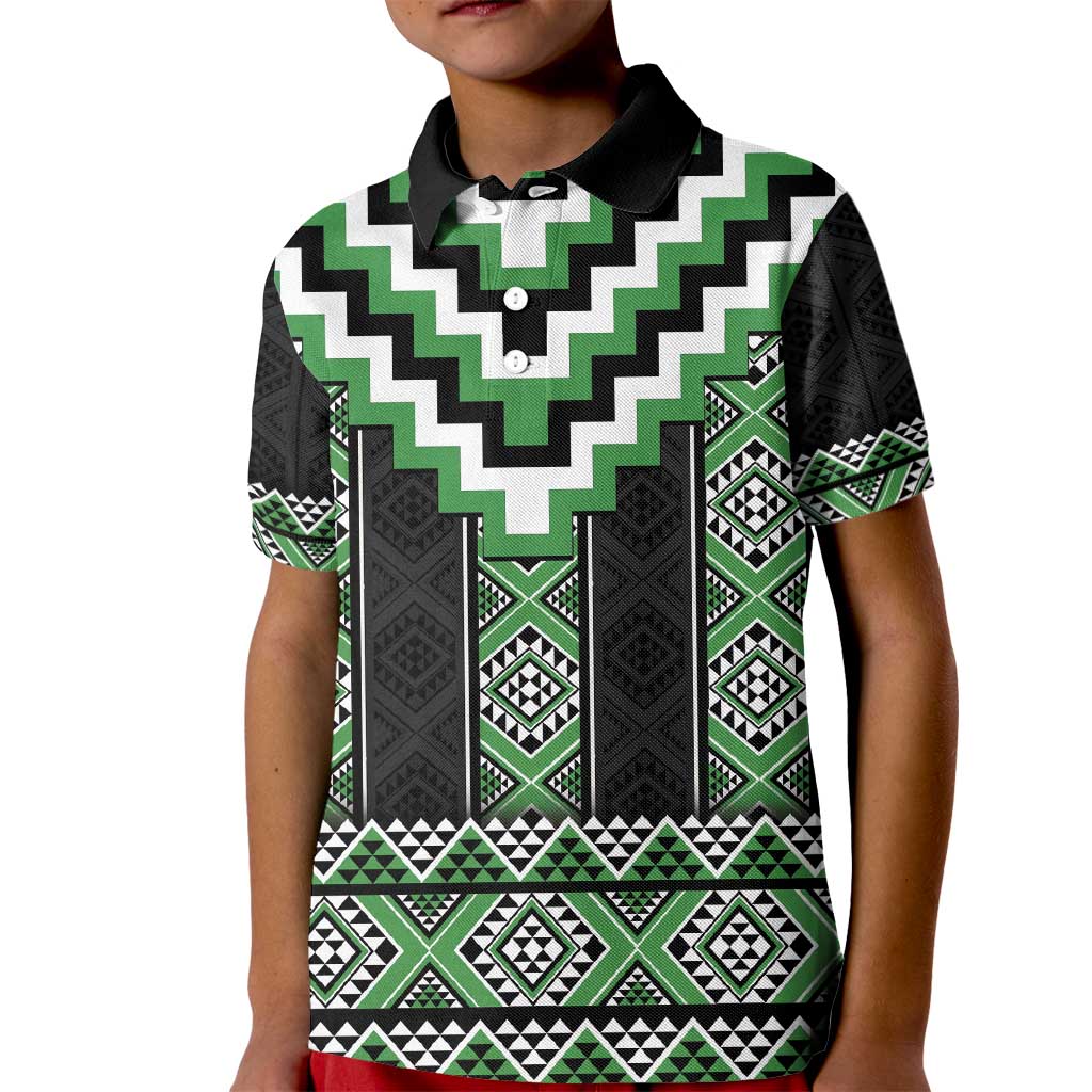 Green Taniko Pattern Aotearoa Kid Polo Shirt Niho Taniwha Mix Poutama LT14 Kid Green - Polynesian Pride