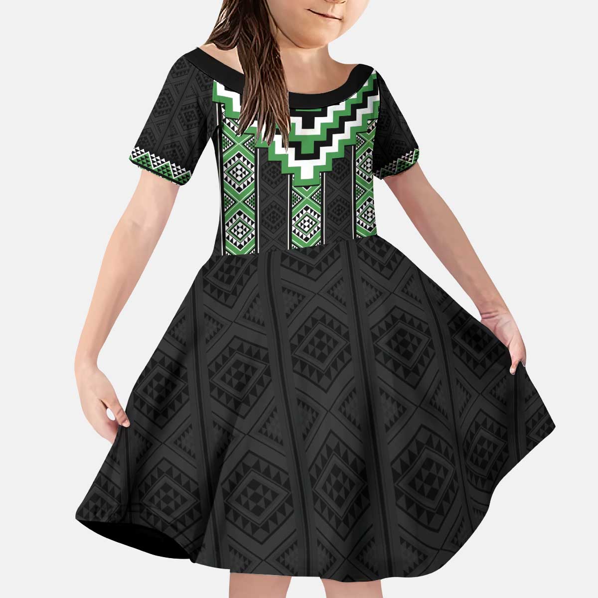 Green Taniko Pattern Aotearoa Kid Short Sleeve Dress Niho Taniwha Mix Poutama LT14 KID Green - Polynesian Pride