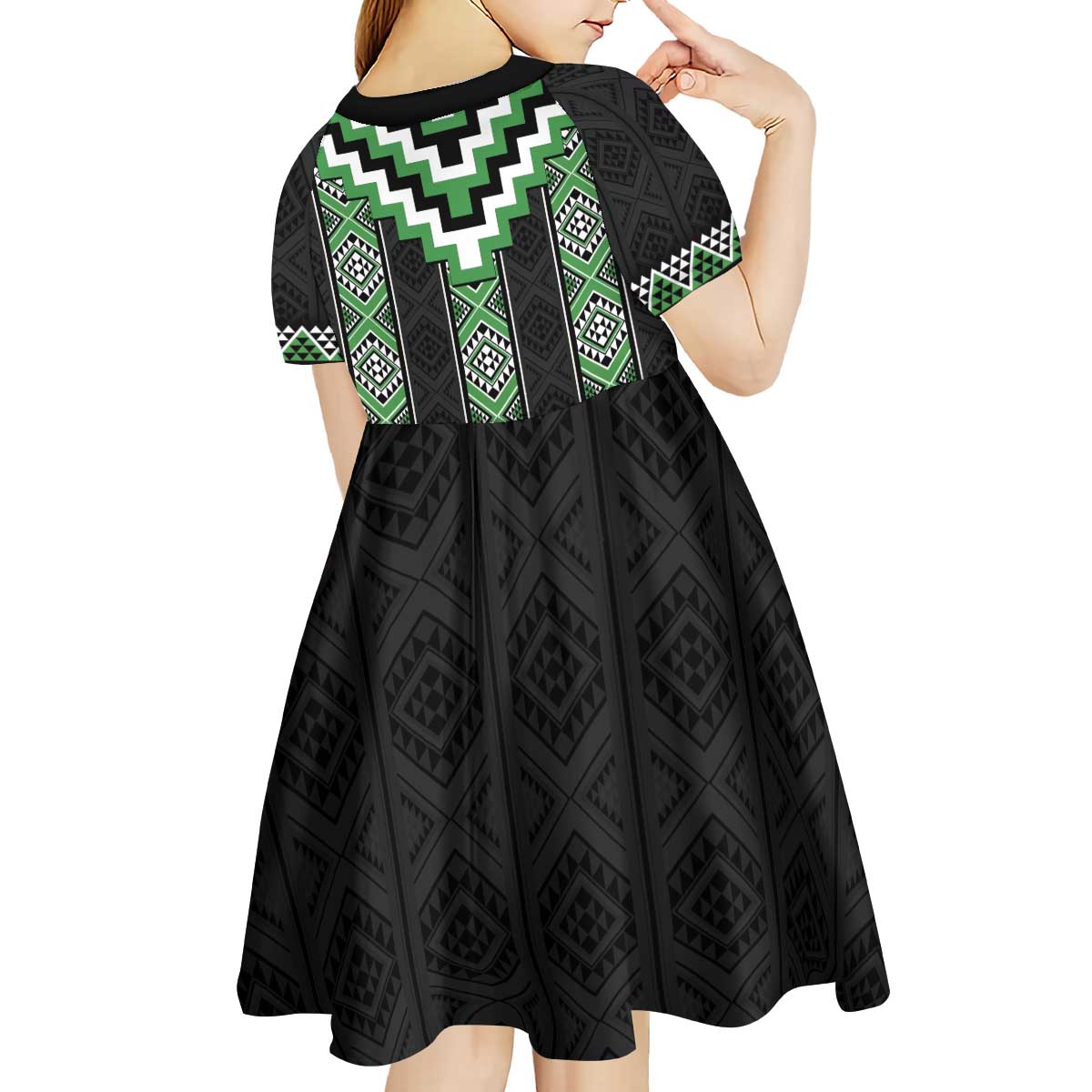 Green Taniko Pattern Aotearoa Kid Short Sleeve Dress Niho Taniwha Mix Poutama LT14 - Polynesian Pride
