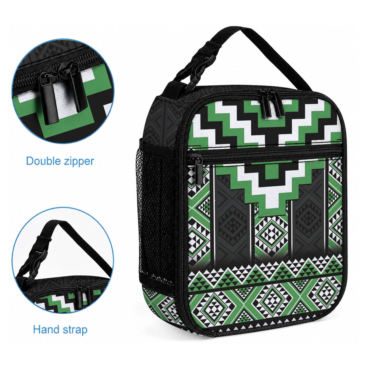 Green Taniko Motifs Aotearoa Lunch Bag Niho Taniwha Mix Poutama LT14 - Polynesian Pride