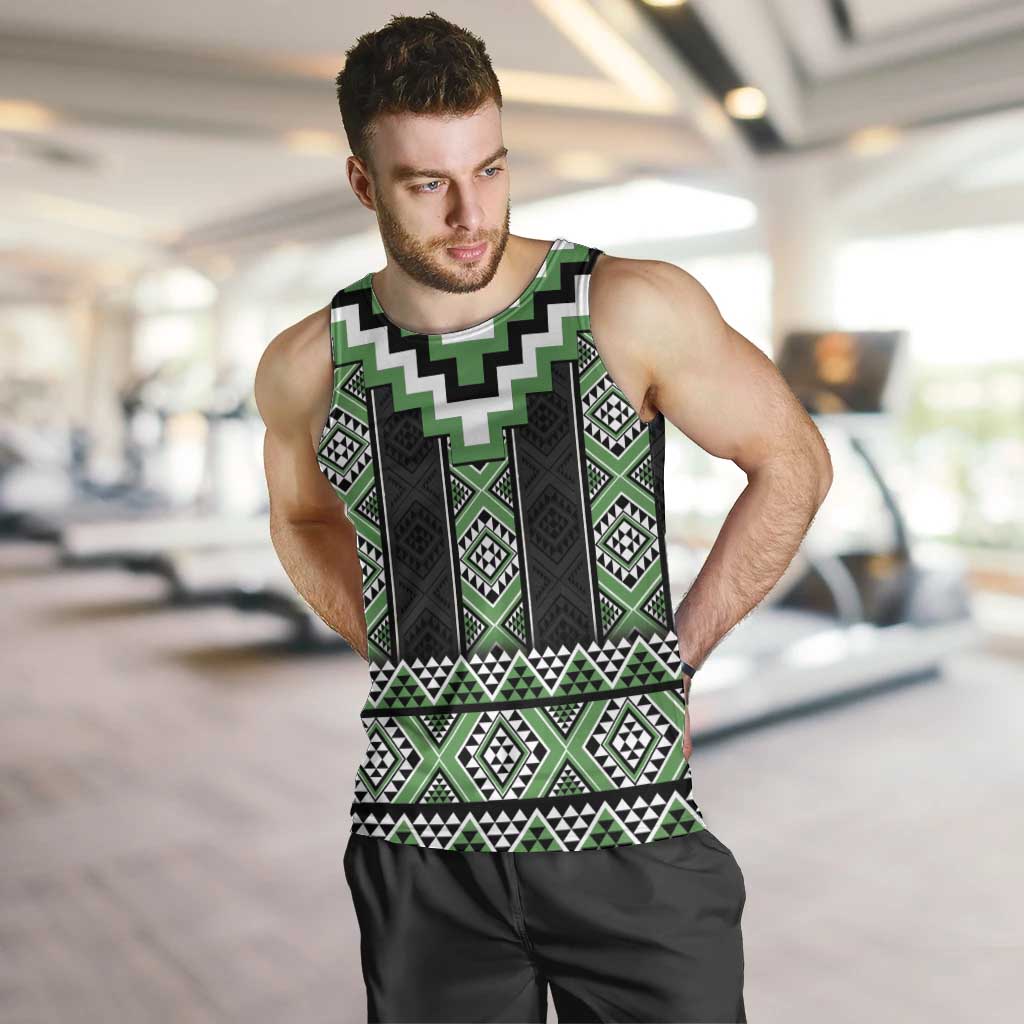 Green Taniko Pattern Aotearoa Men Tank Top Niho Taniwha Mix Poutama LT14