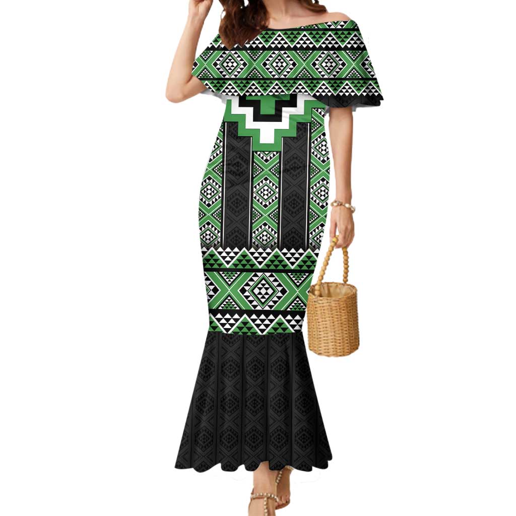 Green Taniko Pattern Aotearoa Mermaid Dress Niho Taniwha Mix Poutama LT14 Women Green - Polynesian Pride