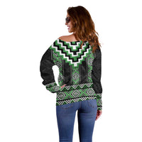 Green Taniko Pattern Aotearoa Off Shoulder Sweater Niho Taniwha Mix Poutama LT14
