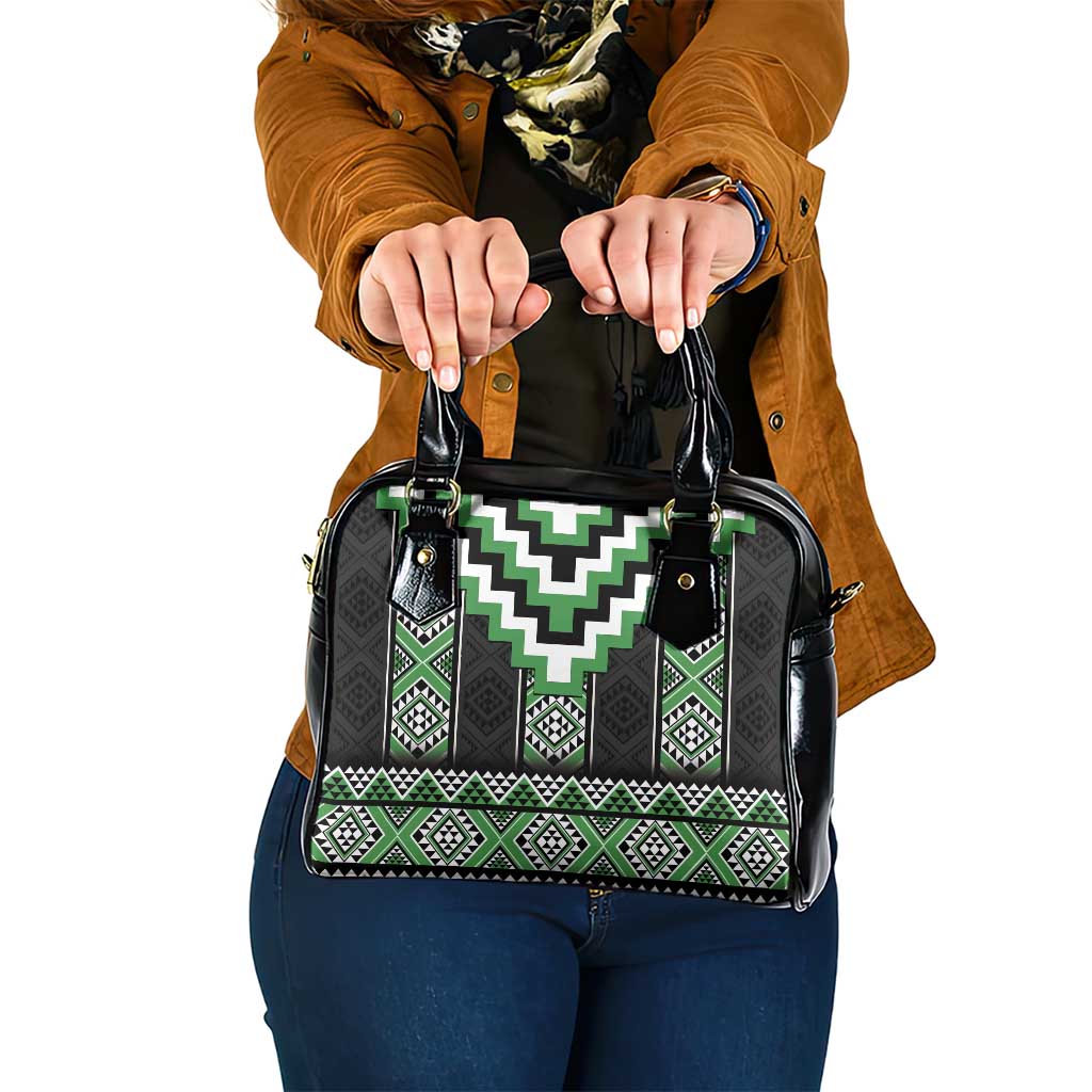 Green Taniko Pattern Aotearoa Shoulder Handbag Niho Taniwha Mix Poutama
