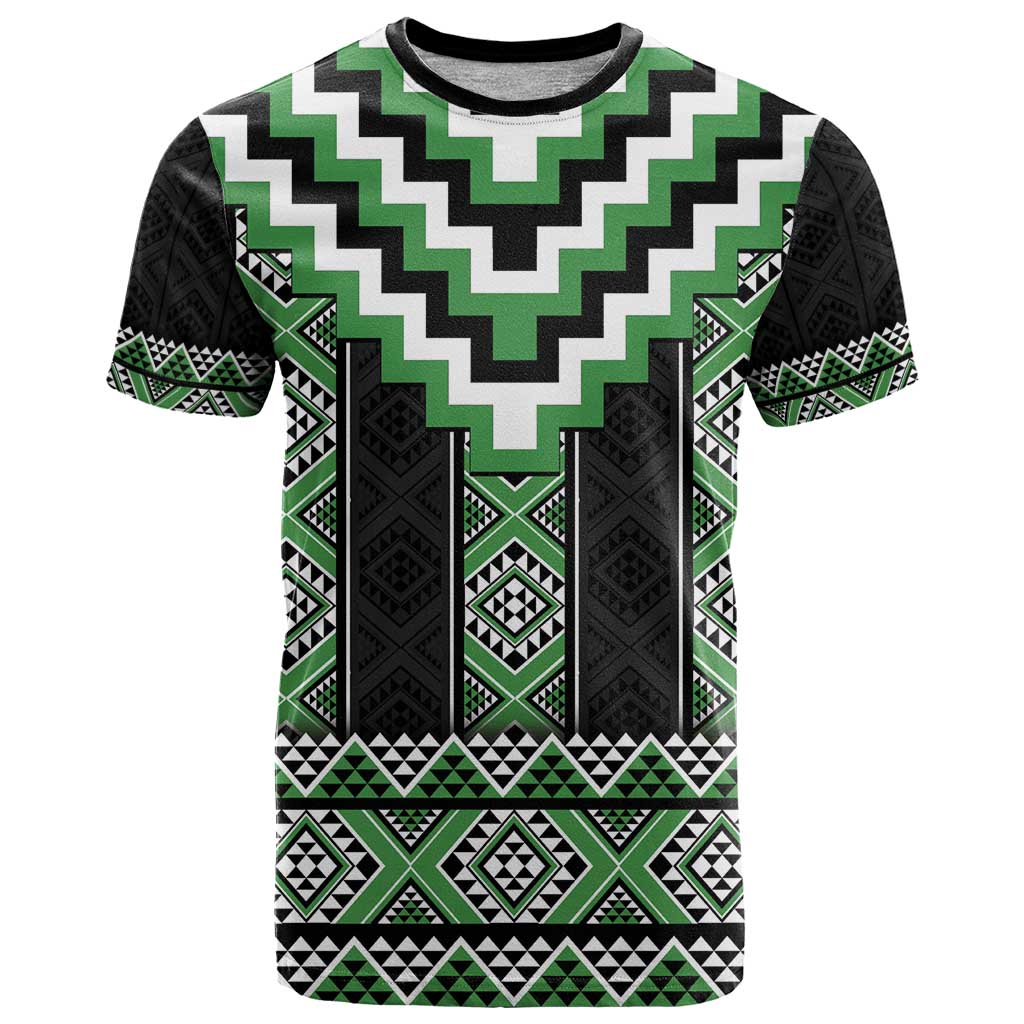 Green Taniko Pattern Aotearoa T Shirt Niho Taniwha Mix Poutama LT14 Green - Polynesian Pride