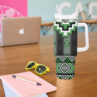 Green Taniko Pattern Aotearoa Tumbler With Handle Niho Taniwha Mix Poutama LT14
