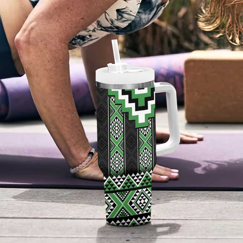 Green Taniko Pattern Aotearoa Tumbler With Handle Niho Taniwha Mix Poutama LT14